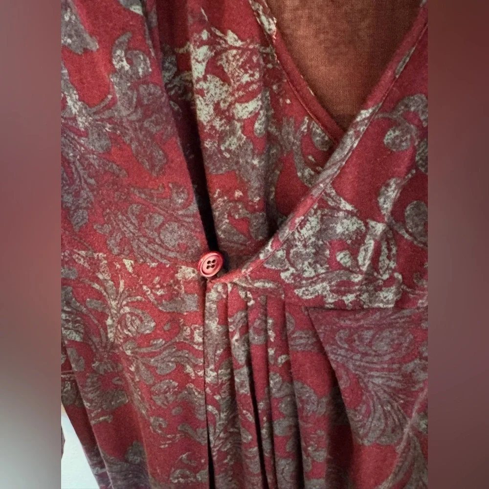 Peruvian Connection Faux Wrap Dress Lined Purple Blue Damask XL Stretch EUC - Picture 4 of 5